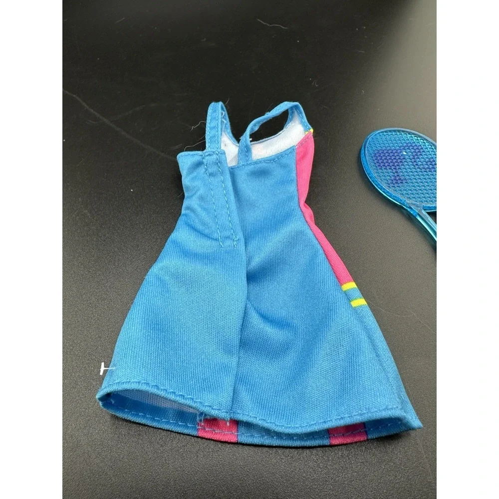 Vtg Mattel BARBIE Doll Blue  Pink Yellow Sleeveless Mini Tennis Dress And Racket